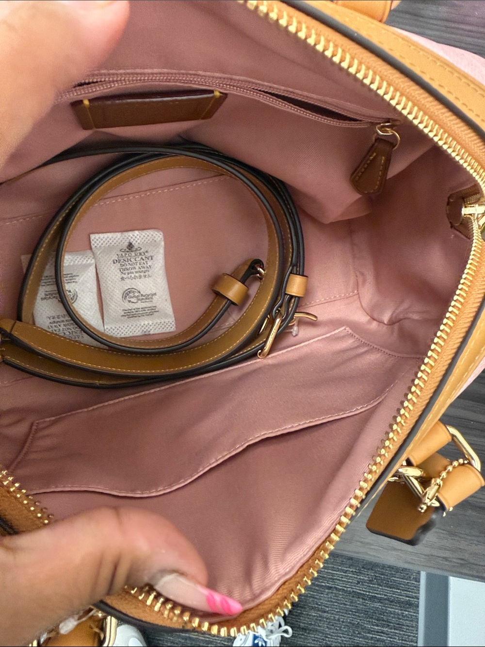 Coach Powder Pink Signature Canvas Rowan Satchel with Tan Leather Trim. Medium. - Picture 8 of 9